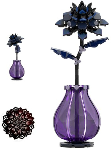 Gothic Black Dahlia Building Block Kit Flower with Purple Vase - Dark Floral Decor Eternal Flower Bouquet Bricks Set, Unique Home Office Desk Decor, Idea Gifts for Goth & Plant Lovers（S0020）