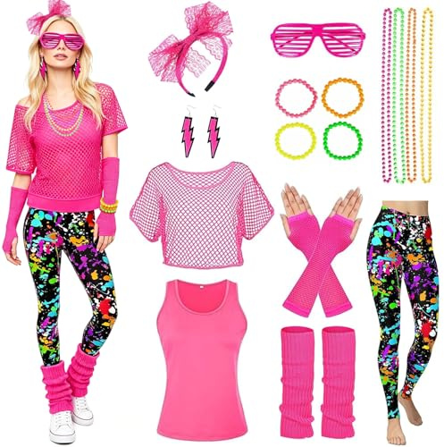 MINGJAY 80er Jahre Outfit Damen,Damen 80er Jahre Workout Kostüm,80er Jahre Accessoires,80 90 er Jahre Outfit Damen,80s 90s Kleidung Kostüm Accessoires,für Karneval,Fasching,Mottoparty