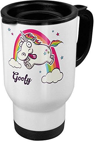 printplanet Thermobecher weiß mit Namen Goofy - Motiv Verrücktes Einhorn - Coffee to Go Becher, Thermo-Tasse
