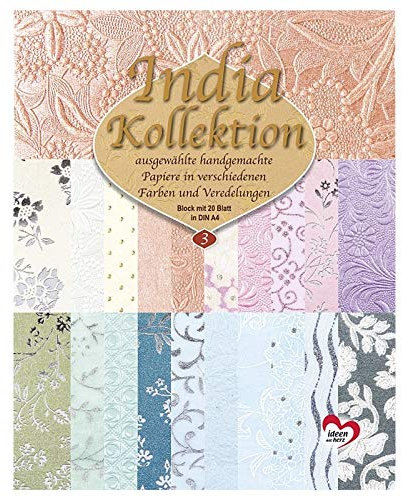 Ideen mit Herz Handgeschöpftes Deko-Papier | India Kollektion | Hochwertig veredelt | DIN A4 | Block mit 20 Blatt (Sortierung 3)