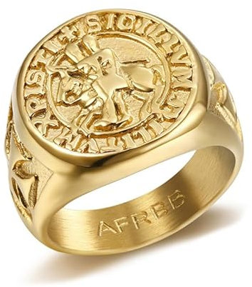 BOBIJOO Jewelry - Bague Chevalière Sceau Templier Christ Croix Sigillum Militum Xpisti Acier Or Doré Plaqué - 68 (12 US)