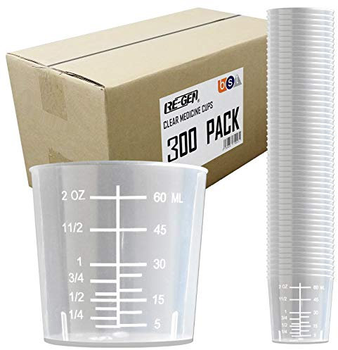 300 Pack (Full Box) - RE-GEN 60ml Graduated Clear Reusable Measuring Cups Pots Container Beaker Tubs - Ideal for Medicine, Kitchen Cooking, Catering, Medical Lab, Home