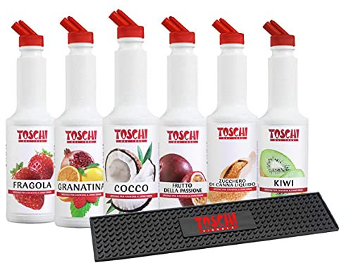 6 bottiglie di sciroppi puree da 1 litro nei principali gusti cocktail: Fragola, Granatina, Cocco, Passion Fruit, Kiwi e Zucchero di Canna