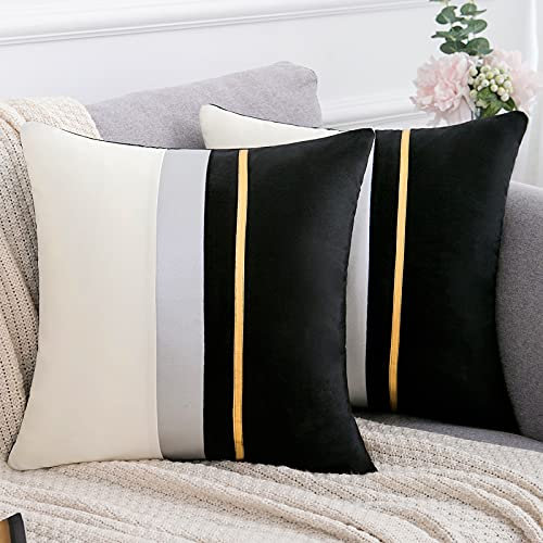 Schwarz Sofakissen Zierkissenbezüge 18x18 Quadratischer Dekokissenbezug Kissenbezug Spleißen mit Gold Gestreiftem Leder Gemütlicher Samtweich Modern für Sofa Couch Schlafzimmer Wohnzimmer, 45x45cm