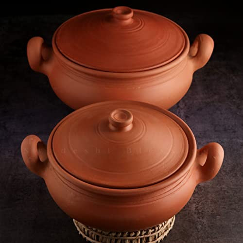 Swadeshi Blessings Exclusive Range Unglazed Clay Pot for Cooking & Serving with Lid/Earthen Kadai/Mud Handi/Mitti Ke Bartan (with Mirror Shine) + Free ASH for Cleaning (Combo 2&3 Liters)