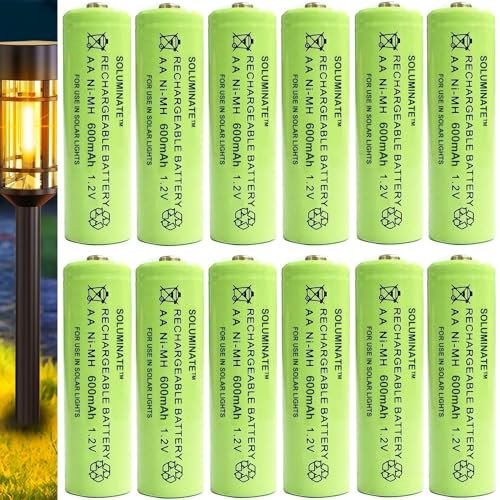 Soluminate Rechargeable AA Solar Light Batteries (600mAh) for Outdoor Garden Solar Lights, Driveway Lights, and Solar String Lights. Latest 1.2V NiMH Technology (12-Pack)