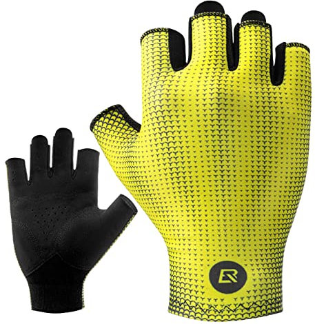 ROCKBROS Fahrradhandschuhe elastische Halbfinger Handschuhe rutschfest Atmungsaktiv für Herren und Damen MTB Rennrad Gelb M-XXL