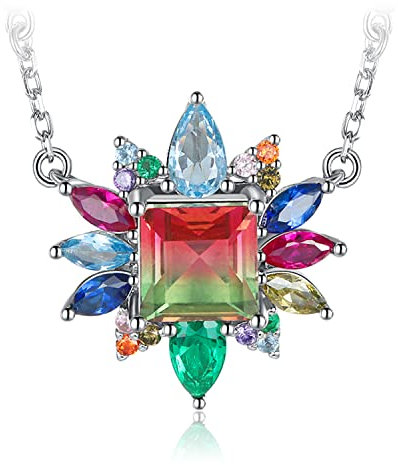 JewelryPalace 3.8ct Simulierter Wassermelone Regenbogen Turmalin Ketten Smaragd Anhänger, Erstellt Rubin Saphir Spinell Schmuck Set, Kette Mädchen 925 Silber Halskette Damen Bunt Collier Frauen 45CM