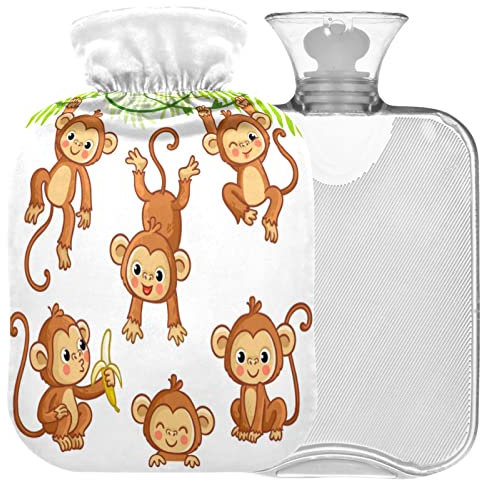 Naanle Lustige Affe Wärmflasche mit Bezug Transparente Warmwasserflasche 1L Wärmflasche für Bett Handfüße Wärmer Schmerzlinderung Wärme- und Kältetherapie