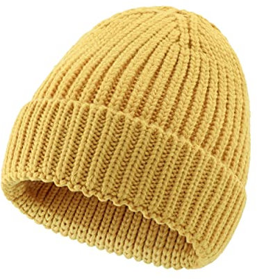 Magracy Strickmütze für Damen, gerippt, dehnbar, mit Bündchen, Wintermütze, gelb, Einheitsgröße