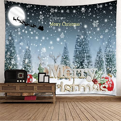 Aotiwe Wandteppich Aesthetic, Wandbehang Polyester Frohe Weihnachten Geschenkbox und Bäume Blau Rot 200X200cm