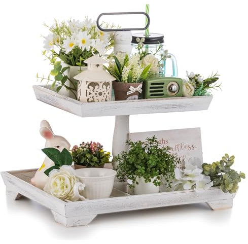 Hanobe Plateau de Service Decoratif Bois: Presentoir Rectangulaire de Table Basse Blanc pour Decoration - Plateau 2 Etages Rustique Vintage pour la Salon, 40 cm