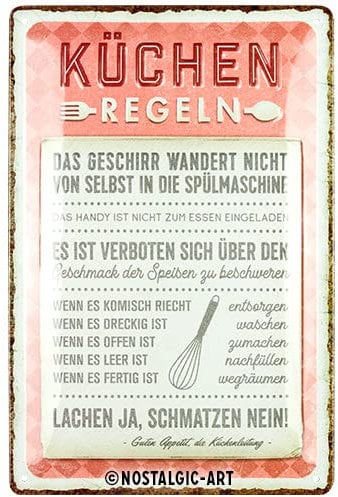 Nostalgic-Art Retro Blechschild, 20 x 30 cm, Küchen-Regeln – Geschenk-Idee für die Küche, aus Metall, Vintage Design mit Spruch, Blechschilder Sprüche