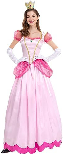 TRACYCY Déguisement Peach Femme Cosplay Princesse Pêche Festival Longues Robes de Soirée avec Couronne et Gants pour Adulte Dress Up Princesse Aurore Halloween Noël Carnaval Fête Costume Rose