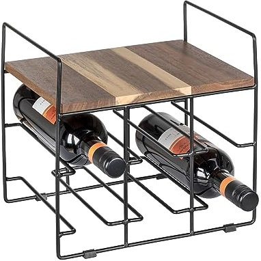 Weinregal Nori für 6 Flaschen, aus pulverbeschichtetem Metall, mit Ablage aus FSC®-zertifiziertem Akazienholz, 30x27,5x24 cm, Braun/Schwarz
