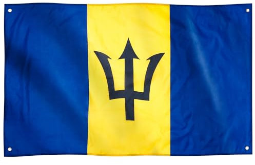 Runesol Drapeau de la Barbade, 91x52cm, 3ft x 5ft, 4 Anneaux, Drapeau de la Barbade, Le Trident Brisé, Drapeaux Premium, Intérieur, Extérieur, Couleurs vives