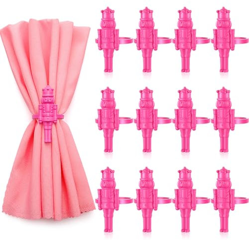 Suttmin Christmas Nutcracker Napkin Rings Set of 12, Pink Soldier Napkin Rings Holiday Metal Napkin Holders for Xmas Table Setting Valentine's Day Dinnerware Wedding Party Vintage Decoration