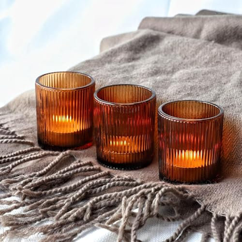 Vohocandle Braune Teelichthalter im 12er-Set, Gerippter Teelichthalter für die Tischdekoration bei Hochzeiten, Votivkerzenhalter für Party und Urlaub
