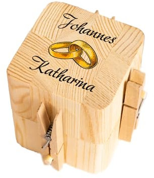 Personalisierte Beziehungskiste mit UV-Druck | Öffnen nur zu zweit möglich | Hochzeitsgeschenke für Brautpaar Geld | Trickkiste für Geldgeschenke zur Hochzeit | Geschenk Hölzerne Hochzeit | Ringe