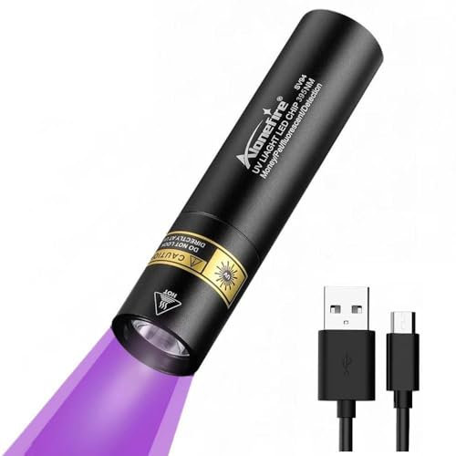 ALONEFIRE SV94 395nm Petite lampe de poche UV 3 W rechargeable par USB Mini détecteur d'argent à lumière noire pour durcissement de la résine, détection d'urine d'animaux domestiques, scorpion, pêche,