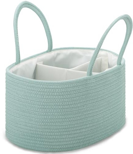 COMSE Large Nappy Caddy Organizer for Girl Boy, Baby Car Diaper Caddy with Handles, Cotton Rope Diaper Basket, Baby Shower Gifts Newborn Essentials Registry Must Have, Light Green