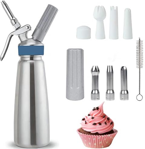 Keyoung 500ml sahnespender, Sahnesyphon Aluminium mit 3 Edelstahl Deko-Düsen und 1 Reinigungbürste, Auslaufsicherer sahnesiphon für die Zubereitung von Schlagsahne, Creme, Mousse und Desserts