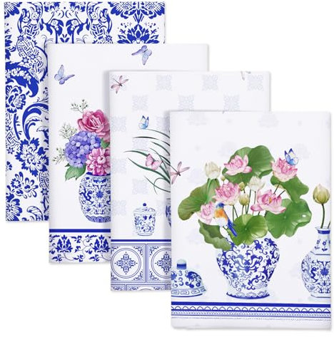 Arquiel Torchons De Cuisine Coton Vaisselle Lot de 4, Serviettes de Cuisine Torchon Vaisselle 100% Coton avec Accroche Très Absorbant Serviettes de Bar 48 x 70CM Porcelaine Bleue et Blanche