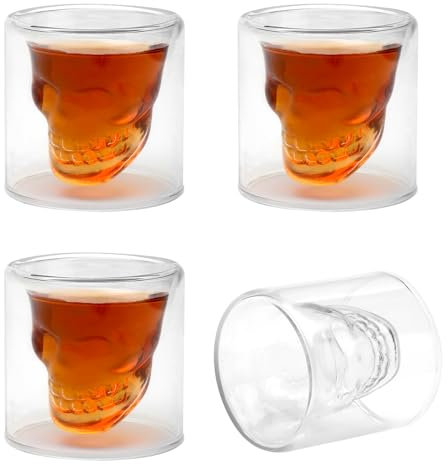 DAWRIS Crystal Skull Shot Glasses Set of 4, Double Layer Skull Glass Cup 20ML Funny Crystal Drinking Cup Whiskey Glasses Cool Beer Cup for Wine Cocktail Vodka Tequila