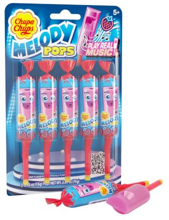 Chupa Chups Melody Pops, Pfeife, Lutscher, Erdbeere, 5 Stück | Einzeln verpackte Süßigkeiten für Kinder und Erwachsene, ideal für Partys, Geburtstage, Feiertage