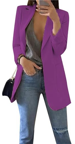 ZICUE Frauen Casual Solid Langarm Blazer Jacke Revers Kragen Offene Front Arbeitskräfte Mit Taschen Lose Fit Business Outwear Mantel Lila M