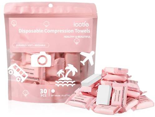 ICOTLE Komprimiertes Handtuch, Einweg-Gesichtshandtuch, 30 x 23,9 cm | Reise-Essential, einzeln verpackt, biologisch abbaubar, dehnbar mit Wasser, fusselfrei, trocken und nass, Camping und Wandern