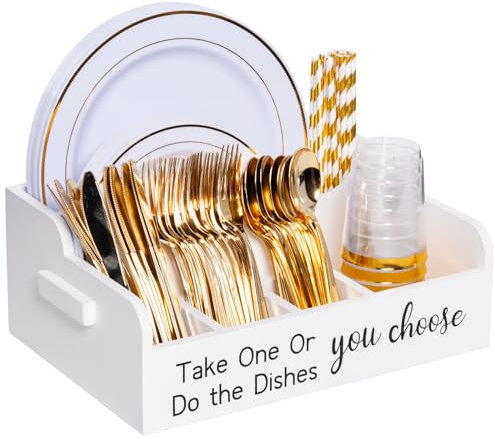 Karisky Real Wood Cutlery Rack Holder with Handle, 6 Compartments Kitchen Cutlery Basket for Spoons, Forks, Knives, Plates, Napkins, Cups, White