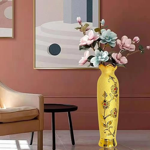 48 cm hohe Bodenvase, extra groß, Keramik, dekorative Vase, handgefertigt, goldfarben, Bodenvase für Wohnzimmer, Büro, Dekor (HE48)