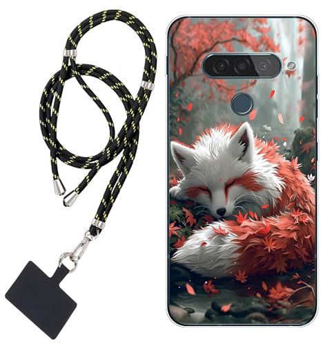 WUACYEAMING Hülle für LG G8s ThinQ,Mode Chic Muster Ultra Dünn TPU Silikon Schutzhülle Slim Case Cover Fuchs Zweig Ahornblatt+1*Tragbares Universal-Lanyard