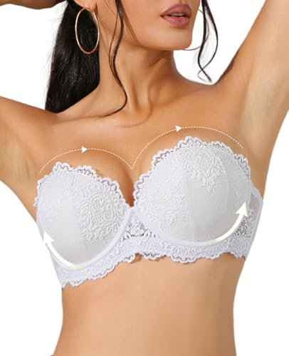 YANDW Padded Strapless Bra Push Up Add 2 Cup Supportive Bras for Women with Clear Straps Multiway Lace Balconette, White, 32A