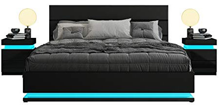 Bed Frame with Storage, 4FT Small Double Faux Leather Bed, Ottoman Gas Lift Storage Bed Frame, LED Small Double Size Bed for Bedroom Home, Black