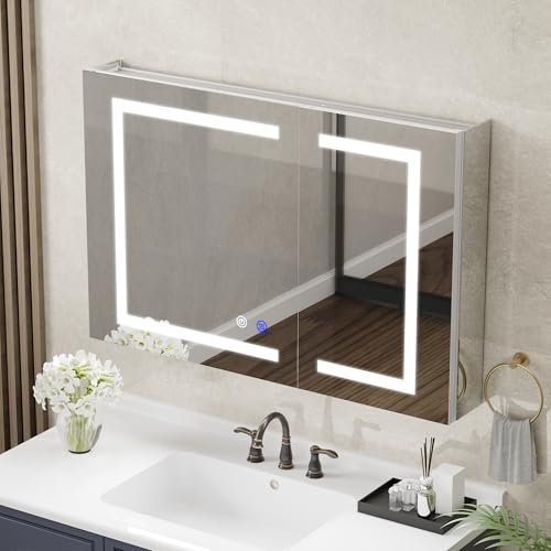 Findepot Bathroom Mirror Cabinets with LED Lights, Shaver Sockets, 600x900mm Bathroom Wall Mounted Mirror Cabinet, 3 Corlors LED Light, Home Medical Cabinet with Digital Lights