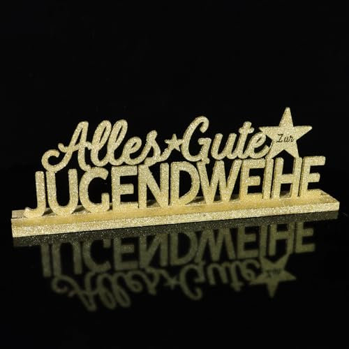 BETESSIN Jugendweihe Deko Gold Glitzer - Alles Gute zur Jugendweihe Holzschriftzug mit Basis - Jugendweihe Tischdeko Holz - Jugendweihe Geschenke für Junge und Mädchen