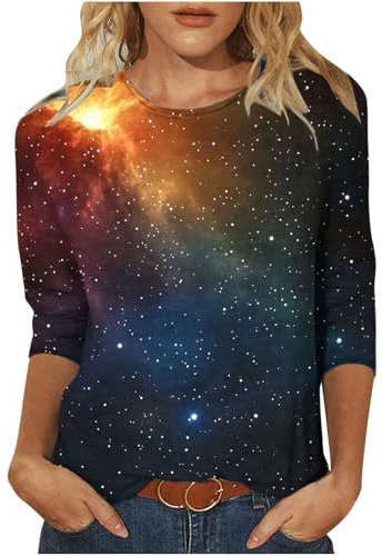 KOG Bluse Damen Elegant 3/4-Ärmeln Shirts Galaxie Mode Motiv Blusen Freizeit 3/4 Arm Bekleidung Frau T-Shirts Vintage Mode Motiv Longbluse Elegant Tshirt Tie-Dye Muster Casual Tops Baumwolle T-Shirt