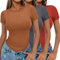 Ekouaer Womens 3 Pack Short Sleeve Tops Crew Neck Basic T-Shirts Stretch Fitted Summer Crop Top Aesthetic Streetwear, Red + Grey + Brown, XL