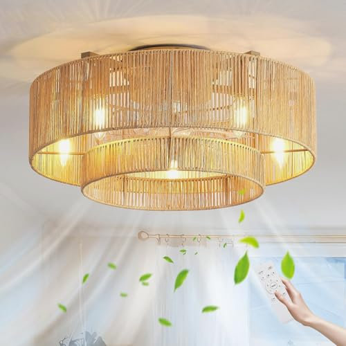 KZT Rattan Deckenventilator mit Beleuchtung und Fernbedienung E27 Deckenleuchte mit Ventilator Retro Boho Bambus Gewebt Lampe mit Ventilator Schlafzimmer Wohnzimmer Deckenventilator mit Licht Ø50CM