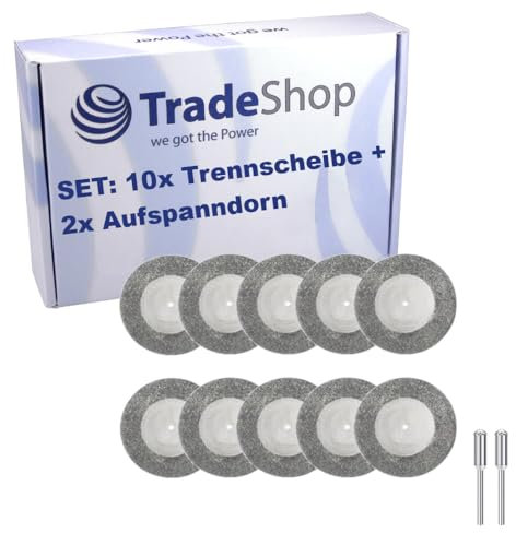 Trade-Shop 10x Mini Diamant Trennscheiben Schleifscheiben Ø 50mm + 2x Dorn zum Schneiden von Stein Glas Keramik Fliesen, kompatibel mit Dremel D29