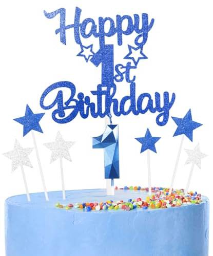8 Stück Kuchen Deko 1st Geburtstag Mädchen Jungen,3D Geburtstag Kerzen Nummer und Happy 1st Birthday Blau Cake Topper,Cake Topper für Boys Party Decoration