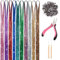 Vlasy Hair Extensions Tools Kit with Pink Pliers, 2 PCS Loop Needle Threader Pulling Hook, 10 Colours 38 Inch Hair Tinsel and 100 PCS 5 mm Silicone Hair Rings Beads(Brown)