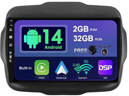 SXAUTO Android 14 Autoradio für Jeep Renegade (2015-2018) GPS Navigation Radio - Eingebaut CarPlay Android Auto - LED Kamera - Lenkradsteuerung DAB AHD DSP WiFi - 2 Din IPS 9 Zoll