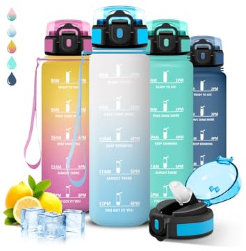 Gourde, Gourde 1l, Gourde Sport, Anti Fuite, Gourde Graduée pour 1 Journee, Facile à Nettoyer, Gourde Running, Gourde Adulte avec Slogan de Motivation, pour École, Camping, Bureau, Yoga, Randonnée