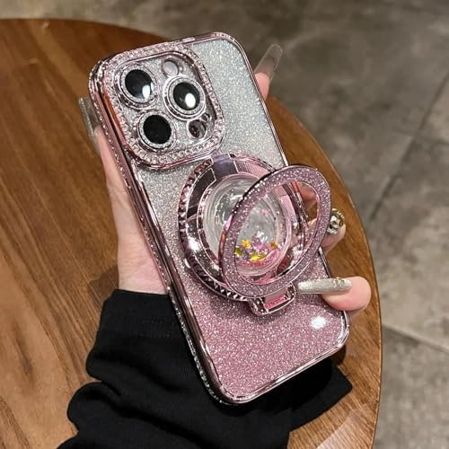 RNOZX Custodia con supporto e pellicola protettiva per iPhone 12, glitterata, con sabbia rapida e obiettivo (per iPhone 12/rosa)