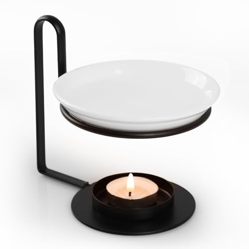 Bighan Duftöllampe Teelicht, Schwarz Duftlampe aus Metall | Aromalampe Teelichthalter mit Keramik Schale, Duftlampe für Ätherische Öle D - Schwarz