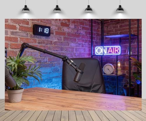CHNBGPRO 1.8m x 1.2m Professional Podcast Setup Backdrop Dynamic Microphone Studio Desk with ON AIR Sign TV Show Newscaster Background Reporter Interview Stage Video Recording Decor Photo Props