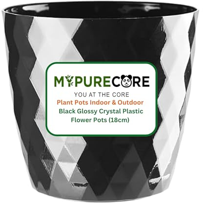 MYPURECORE Plant Pots Indoor 18cm – Stylish Decorative Plastic Flower Pot with Glossy Crystal Surface – Durable Indoor & Outdoor Planter for House Plants, Herbs (Black, 18 cm)